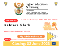 Debtors Clerk job vacancy at Department of Higher Education and Training